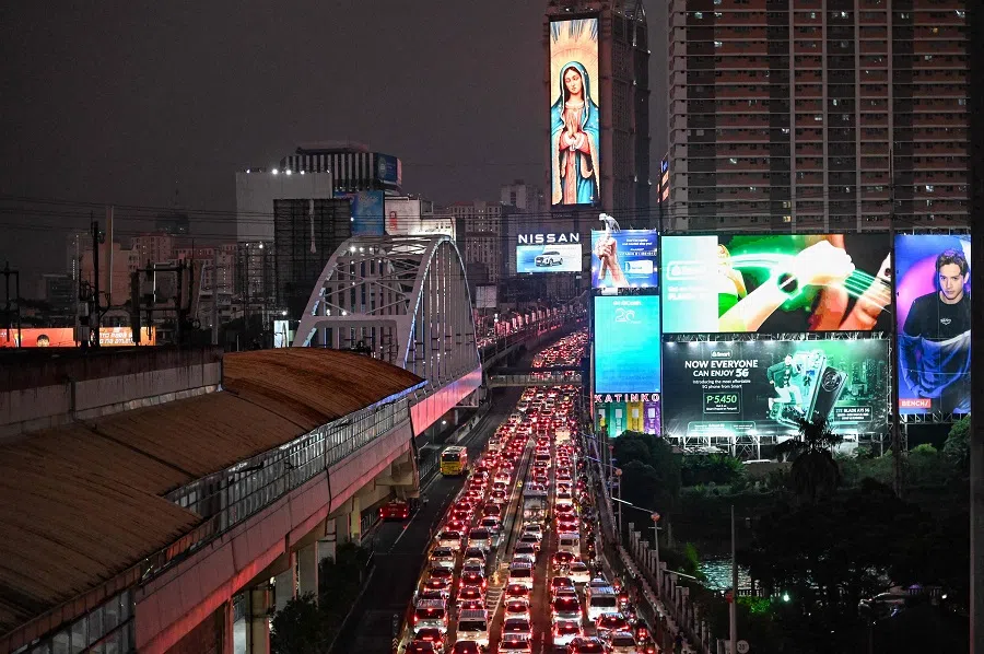 This photo taken on 10 October 2024 shows heavy traffic along the Epifanio de los Santos Avenue (EDSA) highway during evening rush hour in Manila. (Jam Sta Rosa/AFP)