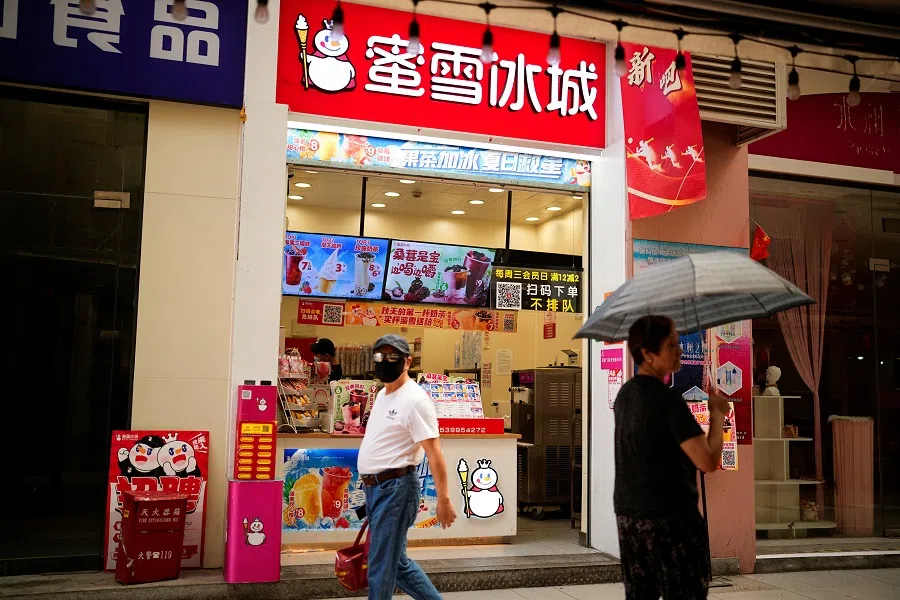 The sign of Mixue Ice Cream & Tea is seen at its shop in Shanghai, China, on 10 August 2023. (Aly Song/Reuters)