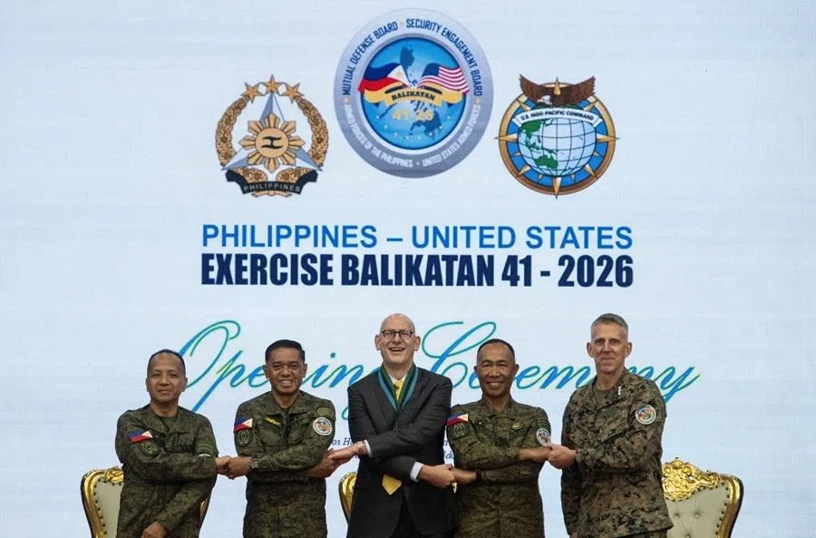 (from left) Philippine exercise director Francisco Lorenzo, Armed Forces of the Philippines (AFP) chief of staff Romeo Brawner, US charge d' affaires Robert Ewing, AFP deputy chief of staff for operations Major General Elmer B Suderio, and I Marine Expeditionary Force (I MEF) Commanding General and US Marine Corps Lieutenant General Christian Wortman, pose for a photo during the opening ceremony of the Balikatan joint military exercises, at Camp Aguinaldo in Quezon City, Metro Manila, Philippines, 20 April 2026.
