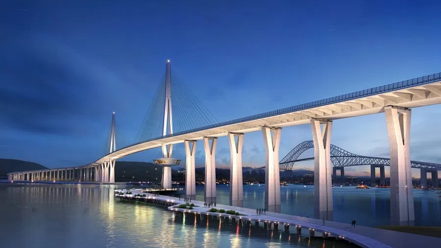 An artist’s impression of the fourth bridge over the Panama Canal, with the Bridge of the Americas in the background. (TYLin website)