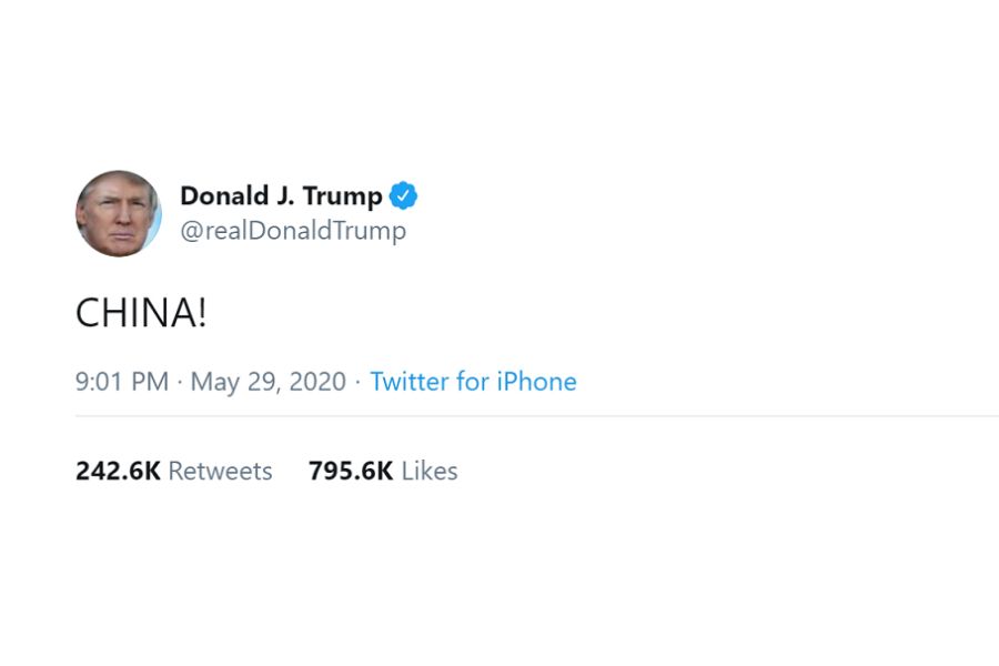 US President Donald Trump tweets "CHINA!" on his Twitter account. (@realDonaldTrump/Twitter)