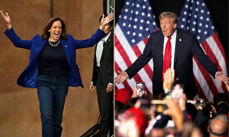 A composite picture of US Vice-President and Democratic presidential candidate Kamala Harris arriving for a campaign rally at the Craig Ranch Amphitheater in Las Vegas, Nevada, on 31 October 2024 (left), and Republican presidential candidate and former US President Donald Trump at a campaign rally at the Sports and Expo Center at the Macomb Community College in Warren, Michigan, on 1 November 2024.