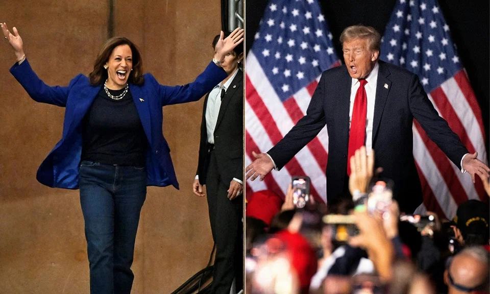 A composite picture of US Vice-President and Democratic presidential candidate Kamala Harris arriving for a campaign rally at the Craig Ranch Amphitheater in Las Vegas, Nevada, on 31 October 2024 (left), and Republican presidential candidate and former US President Donald Trump at a campaign rally at the Sports and Expo Center at the Macomb Community College in Warren, Michigan, on 1 November 2024. (David Becker and Roberto Schmidt/AFP)