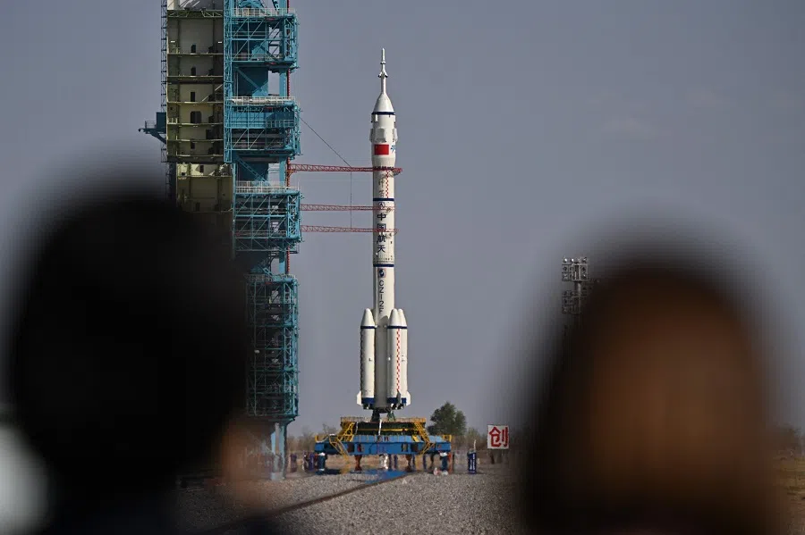 A Long March-2F carrier rocket, carrying the Shenzhou-20 spacecraft and a crew of three astronauts, is seen before lifts off from the Jiuquan Satellite Launch Centre in the Gobi desert, in northwest China on 24 April 2025.