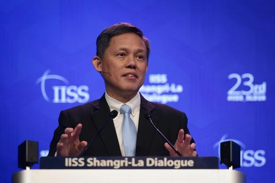 Singapore Defence Minister Chan Chun Sing speaking at the plenary session on Evolving Security Partnerships in a Fragmenting World at the Shangri-La Dialogue on 31 May 2026.
