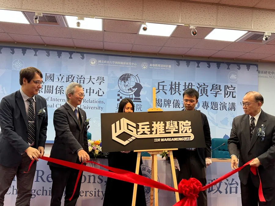 The Institute of International Relations (IIR) Wargaming Lab at National Chengchi University (NCCU) was officially launched on 3 December 2025. Pictured are Wang Hsin-Hsien (first from left), chair of NCCU’s IIR; Li Tsai-Yen (second from left), president of NCCU; and Chen Yeong-kang (first from right), former vice-minister of national defence and current Kuomintang legislator. (Miao Zong-Han/SPH Media)