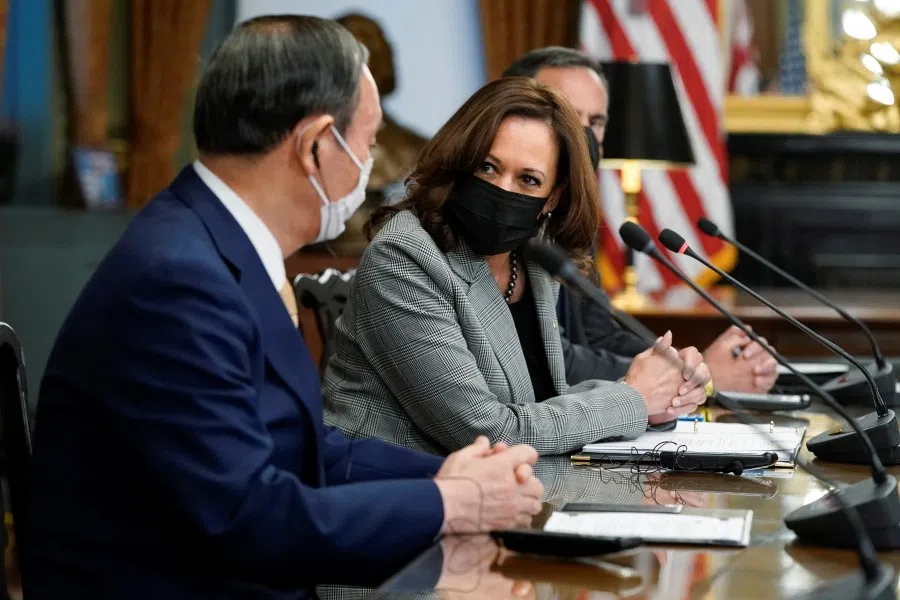 US Vice President Kamala Harris meets with Japanese Prime Minister Yoshihide Suga in the vice president's ceremonial office of the Eisenhower Executive Office Building at the White House campus in Washington, US, 24 September 2021. (Patrick Semansky/Pool via Reuters)