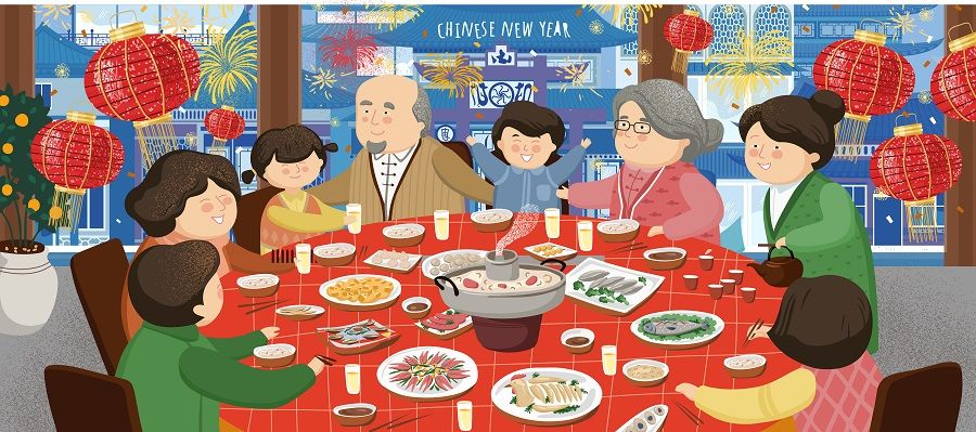 A reunion dinner spread with wishes for all things in the new year to be yuan yuan man man (圆圆满满, good and well). (iStock)