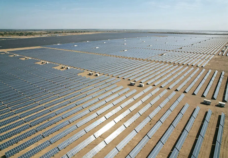 This photo taken on 12 September 2023 shows a general view of solar panels in the desert in Zhangye, Gansu province, China. (AFP)