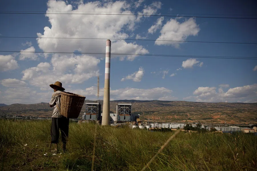 A goat herder watches his flock near the decommissioned Gangu coal-fired power plant in Maojiaping village, Gangu County, Gansu province, China, 17 September 2020. (Thomas Peter/Reuters)