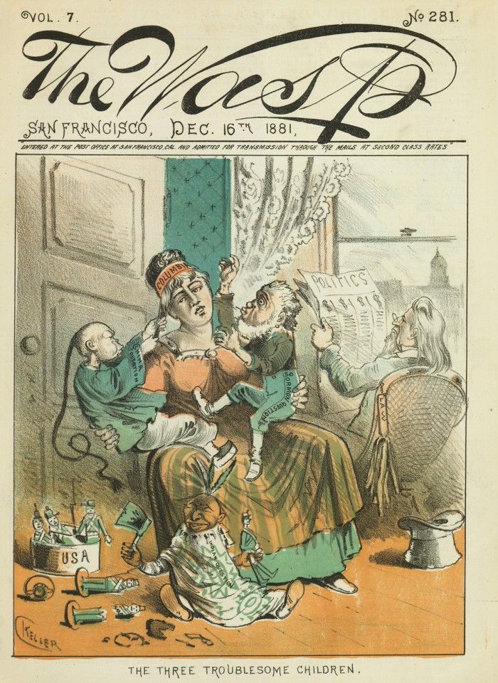 "The Three Troublesome Children", The Wasp magazine, 16 December 1881. The image shows Columbia (representing America) surrounded by three mischievous children ⁠- a Chinese pulling her hair, a Mormon caressing her right thigh, and a Native American Indian sitting on the ground playing with toy soldiers ⁠- representing three political difficulties for the US. First, the issue of the anti-Chinese movement, which was gradually becoming more politically significant. Second, the Mormons, who claimed to have found instructions in the Bible for polygamy ⁠- they felt this should be constitutionally protected under religious freedom and some believers tested the law with multiple marriages, going all the way up to the Supreme Court when they were found guilty of polygamy, only to have their appeals denied. Congress also passed more laws against polygamy, stirring an outcry from the community. Finally, the dispute over the West Indies (represented by the Indian). The US implemented the Monroe Doctrine against European influence in Latin America, which sparked the Spanish-American War. On the right, a man reads a paper headlined "Politics", with dollar signs below, symbolising major political disputes that would require expensive measures and policies to resolve.