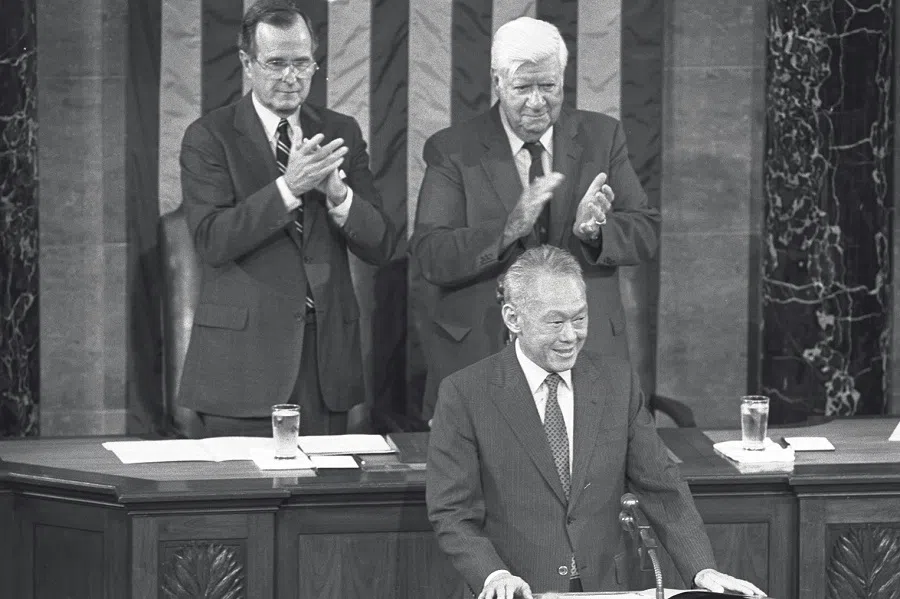 Singapore Prime Minister Lee Kuan Yew about to begin his address to a joint meeting of the US Congress in Washington, 9 October 1985. Behind him are (from left) George Bush, US vice-president and president of the Senate, and Tip O’Neill, speaker of the House of Representatives. (SPH Media)