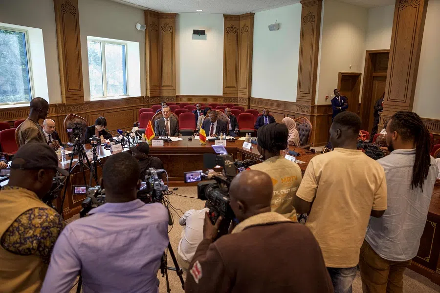 Chad’s Foreign Minister Abderaman Koulamallah (centre right) meets with Minister of Foreign Affairs of China Wang Yi (centre left) at the Ministry of Foreign Affairs in N’Djamena on 8 January 2025. (Joris Bolomey/AFP)