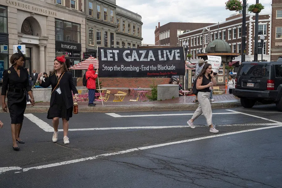 Pro-Palestinian demonstrators protest outside Harvard Yard during Harvard University’s class of 2024 graduation ceremony in Cambridge, Massachusetts, US, on 23 May 2024. (Rick Friedman/AFP)