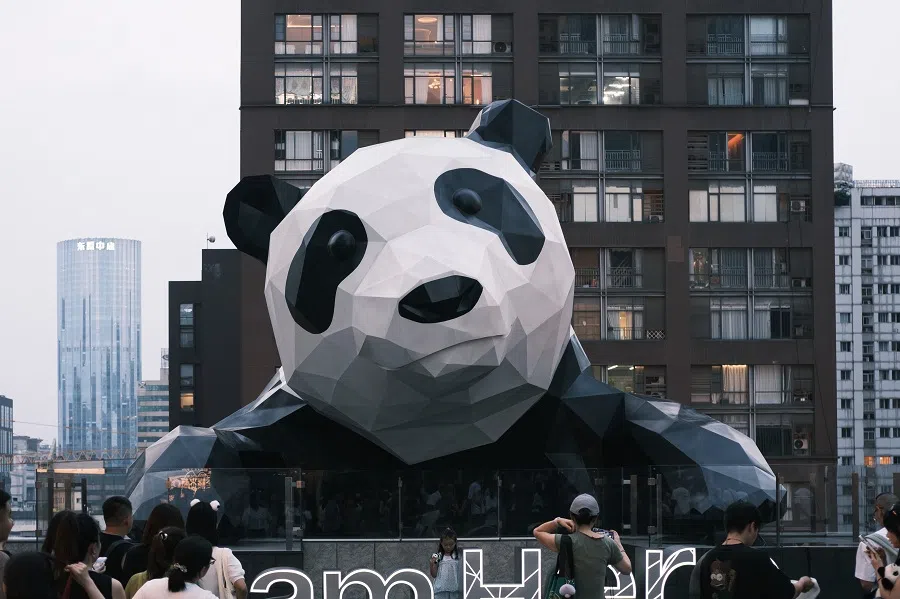 A giant panda sculpture named “I Am Here” clings to the facade of Chengdu IFS. (Photo: Zhang Jinyao)