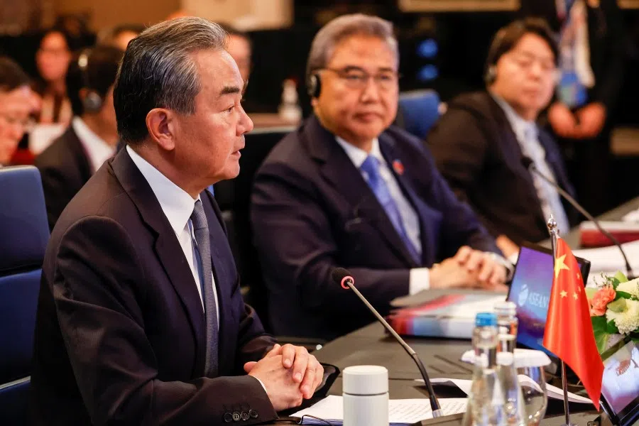 Chinese Communist Party's foreign policy chief Wang Yi speaks as Japan's Foreign Minister Yoshimasa Hayashi and South Korea's Foreign Minister Park Jin look on during the Association of Southeast Asian Nations (ASEAN) Plus Three Foreign Ministers' Meeting in Jakarta, Indonesia, 13 July 2023. (Mast Irham/Pool via Reuters)