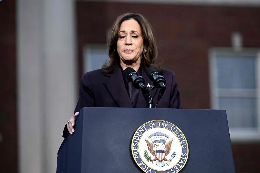 US Vice-President and Democratic presidential candidate Kamala Harris gestures as she speaks at Howard University in Washington, DC, US, on 6 November 2024. (Brendan Smialowski/AFP)