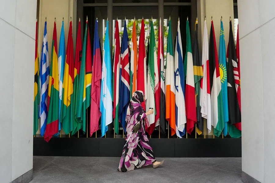 A woman walks by a long row of flags at the IMF building during the 2026 annual IMF/World Bank Spring Meetings in Washington, DC, US, no 16 April 2026. (Ken Cedeno/Reuters)