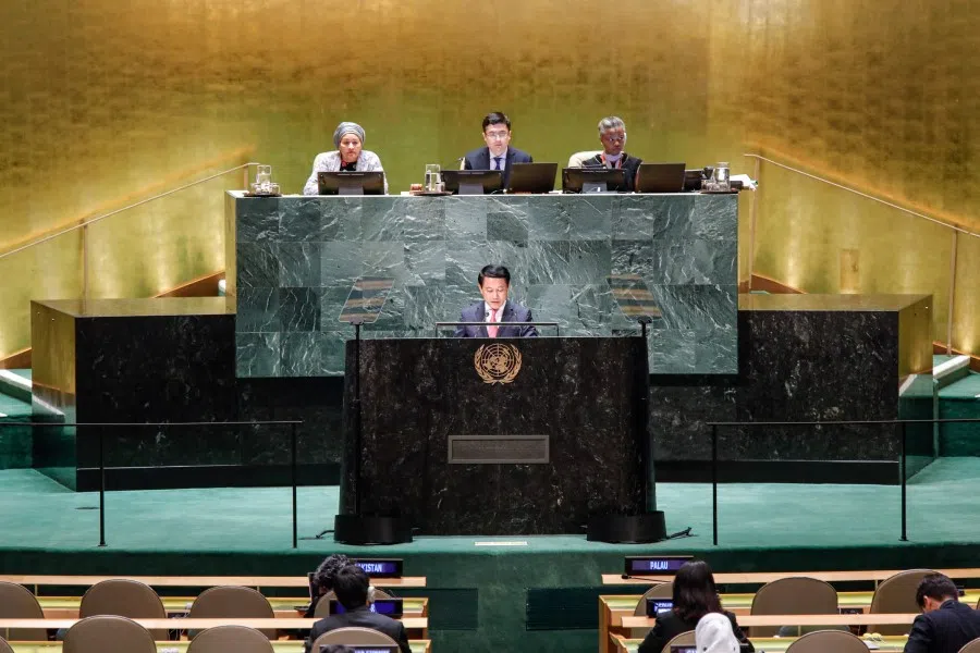 Laos' Foreign Minister Saleumxay Kommasith addresses the 78th United Nations General Assembly at UN headquarters in New York City on 23 September 2023. (Kena Betancur/AFP)