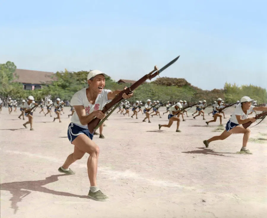 R.O.C Military Academy students at bayonet training, 1952. The academy nurtured KMT military talents.