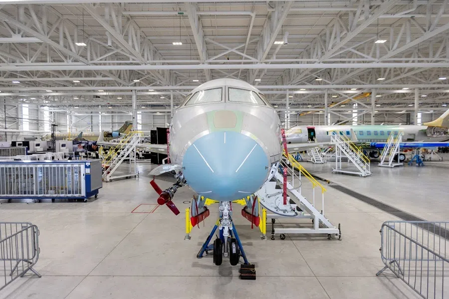 Airplanes in production on the factory floor as Canadian business jet maker Bombardier holds an investor day at its plant in Mississauga, Ontario, Canada, 1 May 2024.