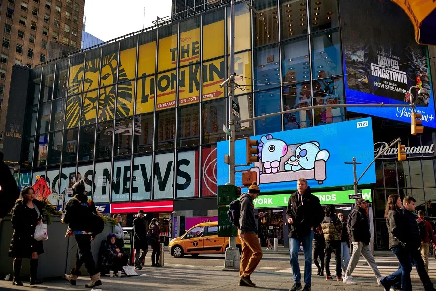 Pedestrians pass the building at 1515 Broadway in New York, US on 30 January 2023. (Gabby Jones/Bloomberg)