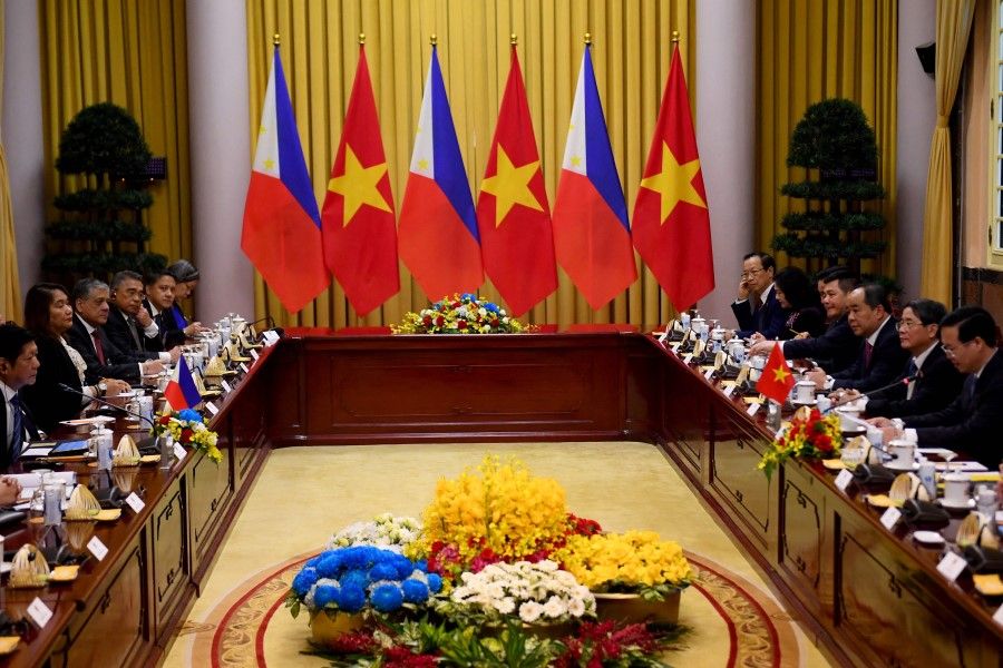 Vietnam's President Vo Van Thuong (right) attends a meeting with Philippine's Ferdinand Romualdez Marcos Jr (left) at the Presidential Palace in Hanoi on 30 January 2024. (Nhac Nguyen/AFP)