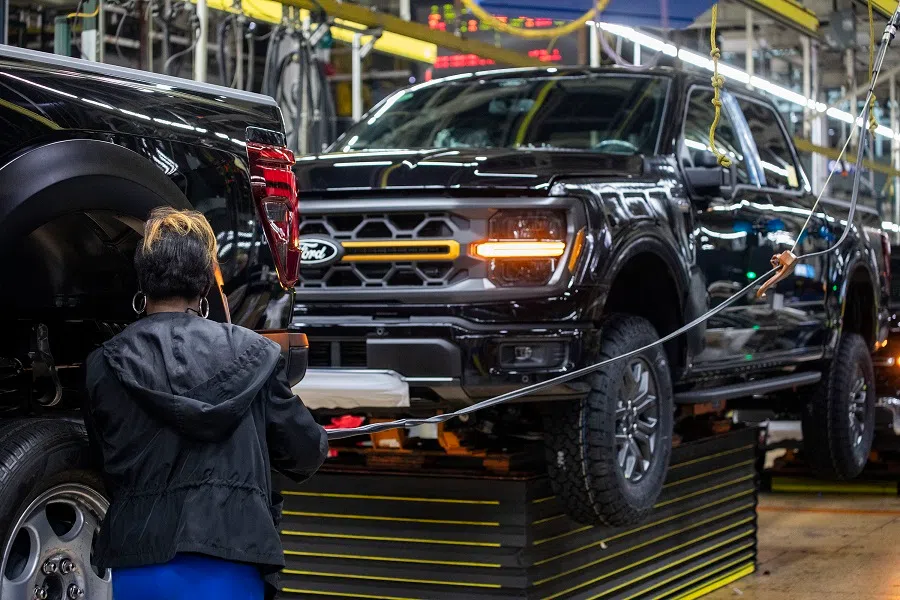 The new Ford F-150 truck goes through the assembly line at the Ford Dearborn Plant on 11 April 2024 in Dearborn, Michigan. (Bill Pugliano/Getty Images/AFP)