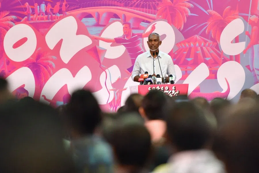 Maldives' President-elect Mohamed Muizzu of the People's National Congress (PNC) party delivers a speech during a gathering with supporters following the country's presidential election, in Male on 2 October 2023. (Mohamed Afrah/AFP)