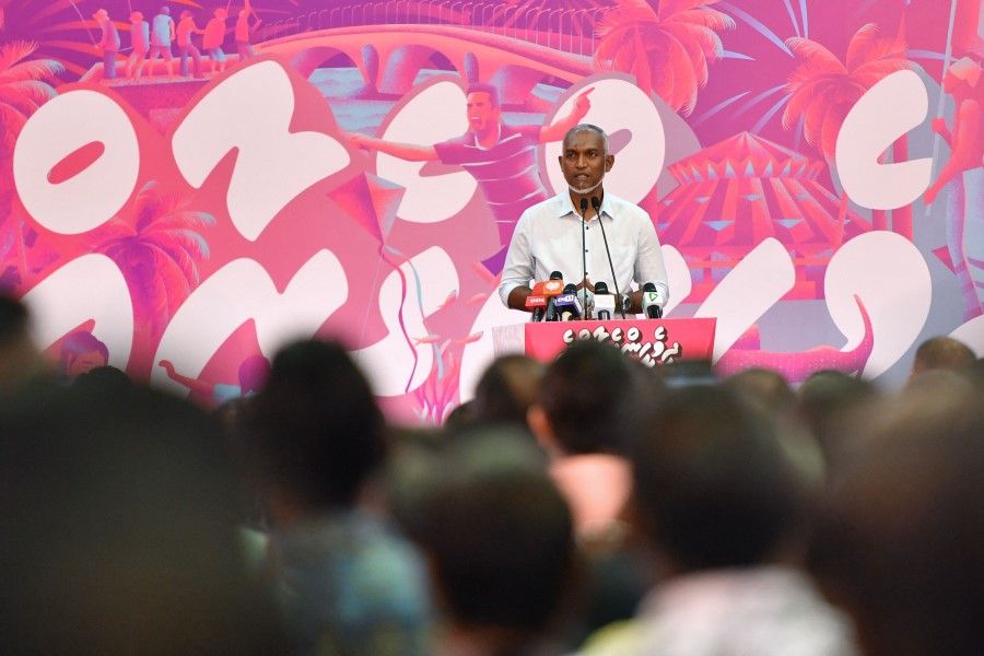 Maldives' President-elect Mohamed Muizzu of the People's National Congress (PNC) party delivers a speech during a gathering with supporters following the country's presidential election, in Male on 2 October 2023. (Mohamed Afrah/AFP)