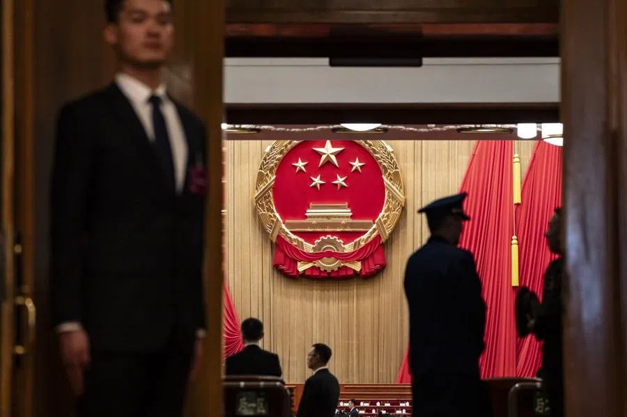 The emblem of the People's Republic of China displayed at the Great Hall of the People ahead of the closing session of the National People's Congress in Beijing, China, on 12 March 2026.
