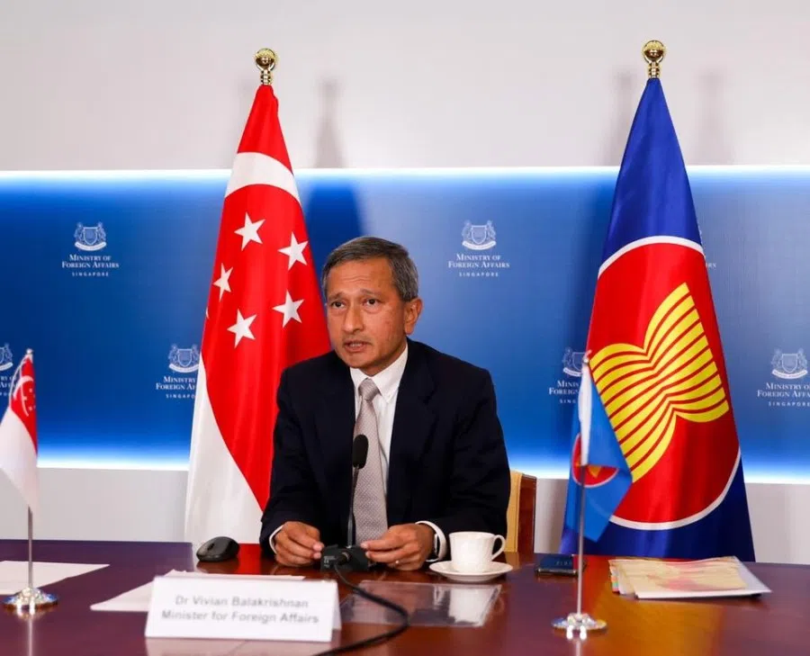 Foreign Minister Vivian Balakrishnan speaking at the meeting of ASEAN foreign ministers on 2 March 2021. (Vivian Balakrishnan/Facebook)