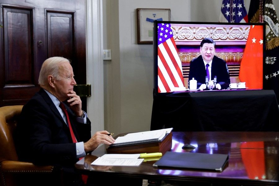 US President Joe Biden speaks virtually with Chinese leader Xi Jinping from the White House in Washington, US, 15 November 2021. (Jonathan Ernst/Reuters)