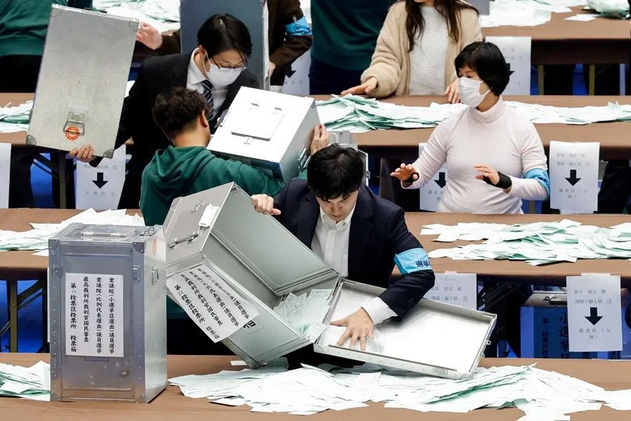 Election officials work at a ballot counting centre, on the day of the country's general election, in Tokyo, Japan, on 8 February 2026. (Manami Yamada/Reuters)