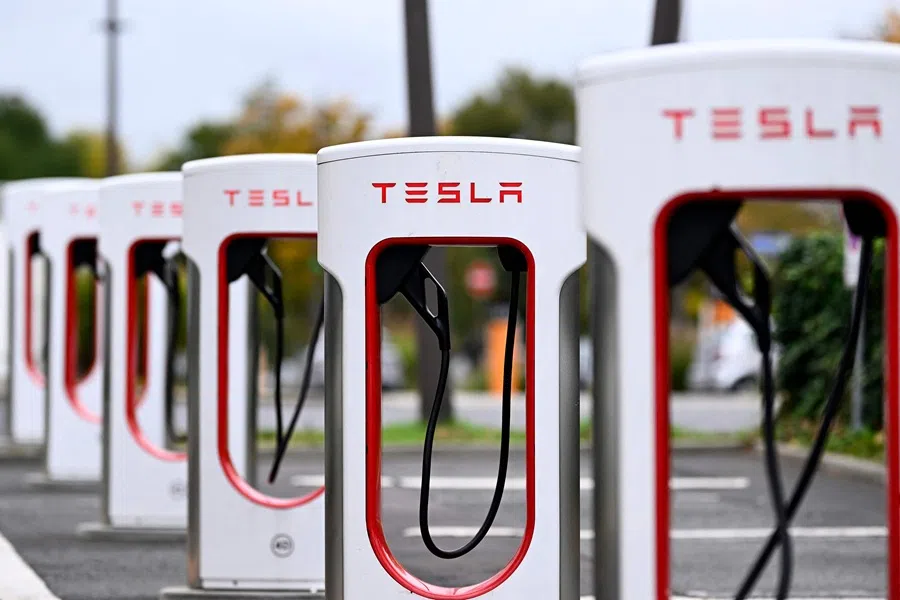 Electric charging stations for Tesla cars are pictured at a shopping mall in Bochum, western Germany, on 15 October 2025. (Ina Fassbender/AFP)