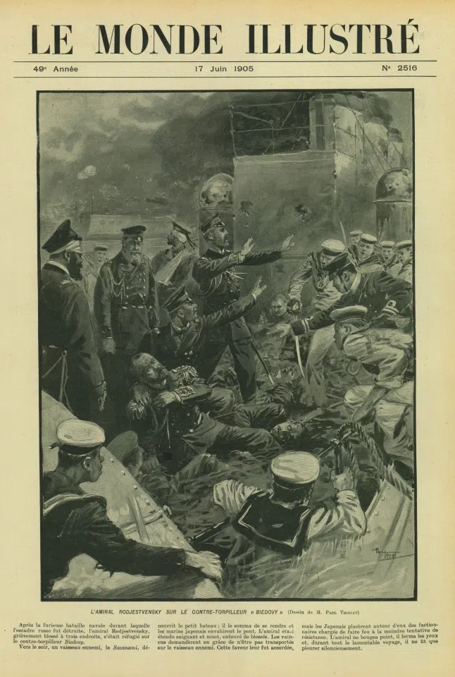 In the battle of Tsushima, the flagship of Admiral Zinovy Rozhestvensky was sunk, and the injured admiral was transferred to the destroyer Bedovii, only to encounter the Japanese destroyers Sazanami and Kagerō. The picture shows Japanese lieutenant Tsukamoto Katsukuma stretching out his hand in surprise on finding the Russian commander on board the Bedovii, and the Russians stopping the Japanese from attacking. Rozhestvensky lies immobile and injured, supporting himself with the last of his strength while pressing on his wound. The commander of the Sazanami, Lieutenant Commander Aiba Tsunezō, had been bothered about not contributing to the major battle two nights before. He had thought it strange that the Bedovii had signalled that there were casualties on board when there were none following the previous battle, and got his men to investigate, only to gain credit by finding an enemy commander.