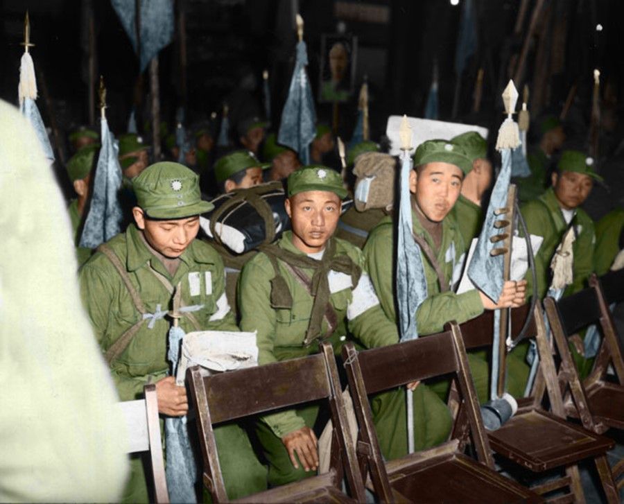 Former volunteer army POWs listening to a speech by Chiang Ching-kuo before deciding to join the KMT army, 1954.