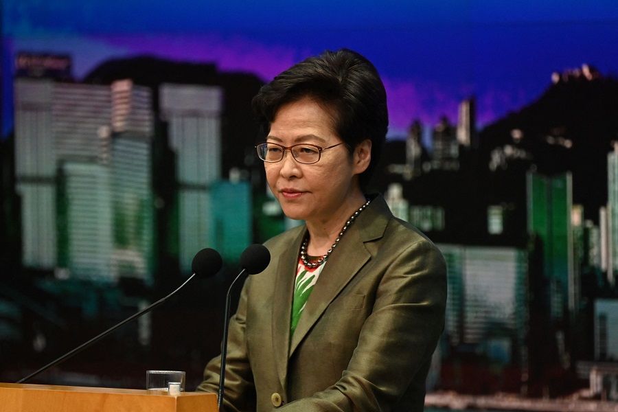 Hong Kong Chief Executive Carrie Lam speaks at her weekly press conference at the government headquarters in Hong Kong on 6 July 2021. (Peter Parks/AFP)