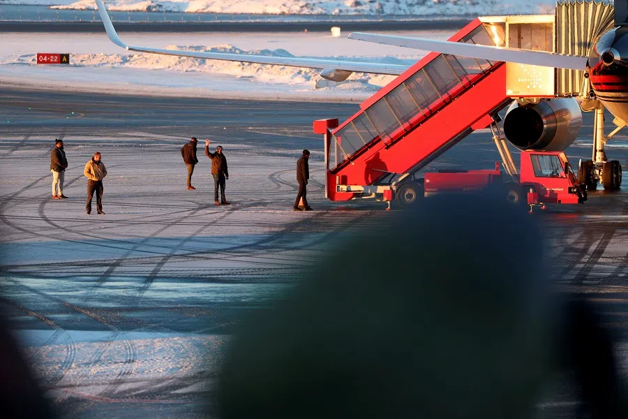 Donald Trump Jr departs from the airport in Nuuk, Greenland, on 7 January 2025. (Emil Stach/Ritzau Scanpix via Reuters)