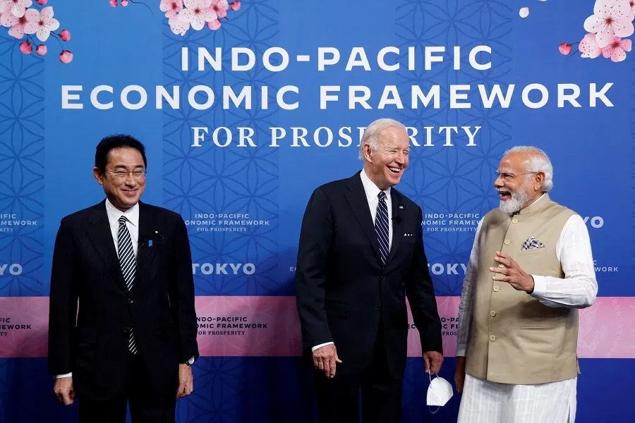 US President Joe Biden, India's Prime Minister Narendra Modi and Japan's Prime Minister Fumio Kishida attend the Indo-Pacific Economic Framework for Prosperity (IPEF) launch event at Izumi Garden Gallery in Tokyo, Japan, 23 May 2022. (Jonathan Ernst/Reuters)