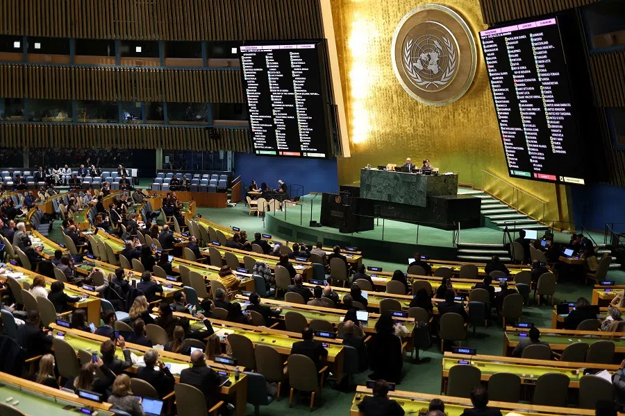 Ambassadors vote on a resolution to reaffirm Ukraine’s terroritorial integrity, during a United Nations General Assembly meeting on the third anniversary of Russia’s invasion of Ukraine, at UN Headquarters in New York City on 24 February 2025. (Charly Triballeau/AFP)