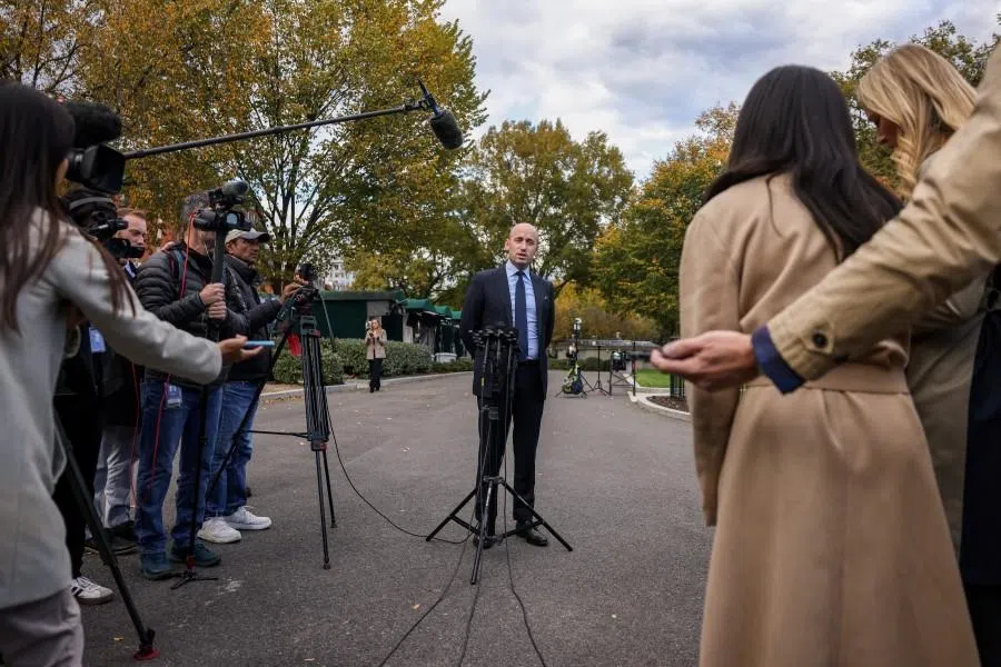 White House deputy chief of staff Stephen Miller speaks with reporters outside the West Wing of the White House in Washington, DC, US, on 24 October 2025. (Kylie Cooper/Reuters)