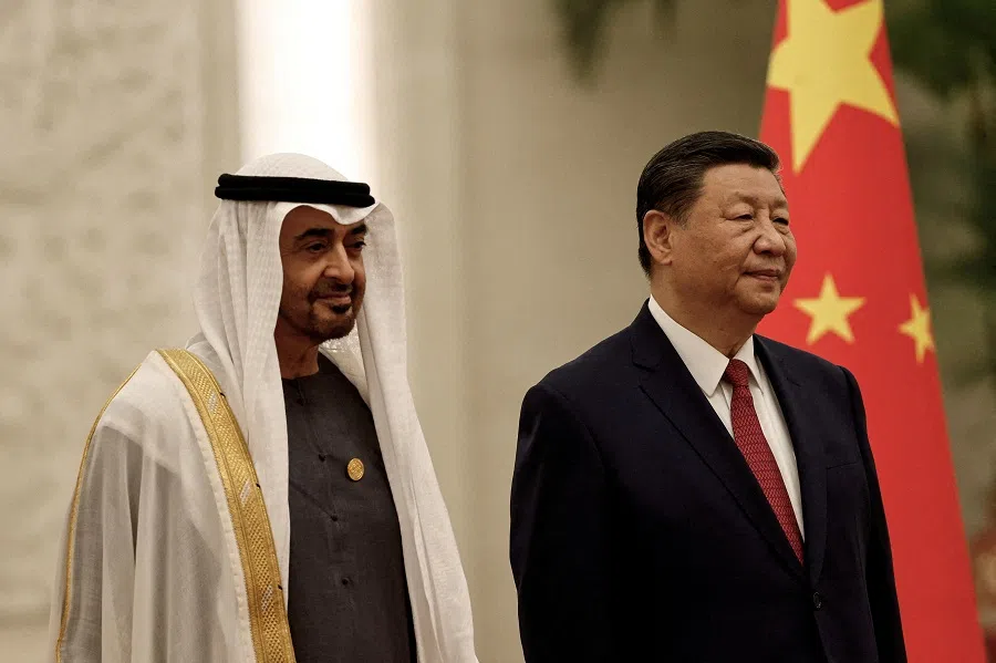 United Arab Emirates President Sheikh Mohammed bin Zayed Al Nahyan and Chinese President Xi Jinping attend a welcome ceremony at the Great Hall of the People in Beijing, China, on 30 May 2024.