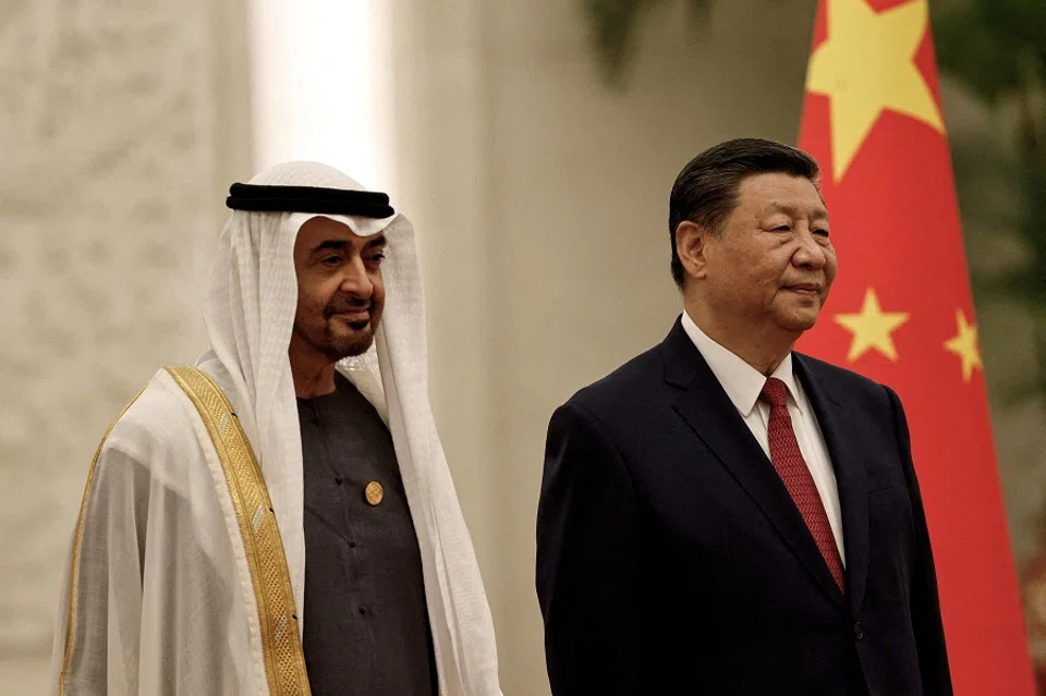 United Arab Emirates President Sheikh Mohammed bin Zayed Al Nahyan and Chinese President Xi Jinping attend a welcome ceremony at the Great Hall of the People in Beijing, China, on 30 May 2024. (Tingshu Wang/Pool/Reuters)
