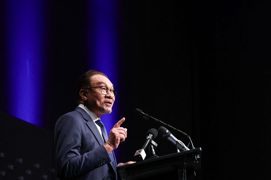 Malaysia's Prime Minister Anwar Ibrahim speaks during an event at the Australian National University (ANU) in Canberra on 7 March 2024. (David Gray/AFP)