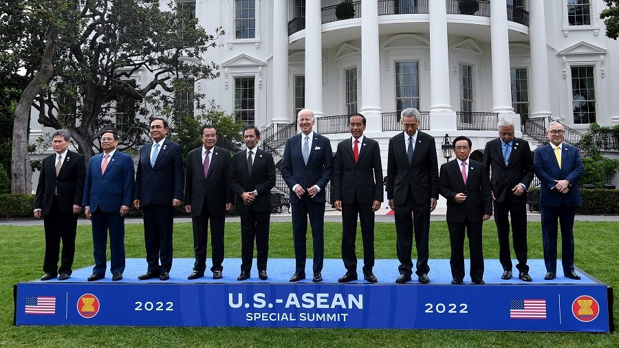 US President Joe Biden (centre) and leaders from the Association of Southeast Asian Nations (ASEAN) pose for a group photo on the South Lawn of the White House in Washington, DC, 12 May 2022. (Nicholas Kamm/AFP)
