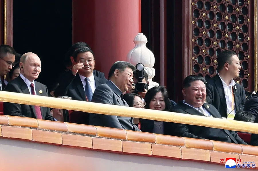 This picture taken on 3 September 2025 and released from North Korea’s official Korean Central News Agency (KCNA) on 4 September 2025 shows Russia’s President Vladimir Putin, China’s President Xi Jinping and North Korean leader Kim Jong Un watching a military parade marking the 80th anniversary of victory over Japan and the end of World War II, in Beijing’s Tiananmen Square.