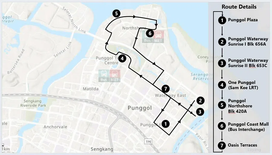 The Punggol East to North autonomous shuttle service route operated by ComfortDelGro and Pony.ai