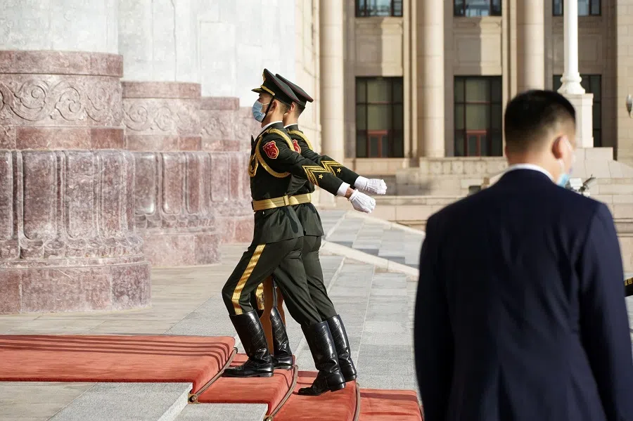 Members of the People's Liberation Army (PLA) march outside the Great Hall of the People ahead of the Belt and Road Forum in Beijing, China, on 18 October 2023. (Qilai Shen/Bloomberg)