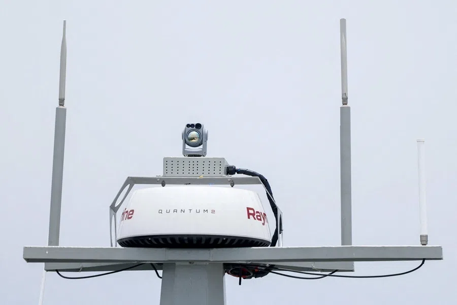 Sensors and communications equipment on Thunder Tiger's SeaShark 600 uncrewed surface vessel during a demonstration held by Taiwanese drone company Thunder Tiger and its partner Shield AI in Pingtung, Taiwan, on 29 July 2026.